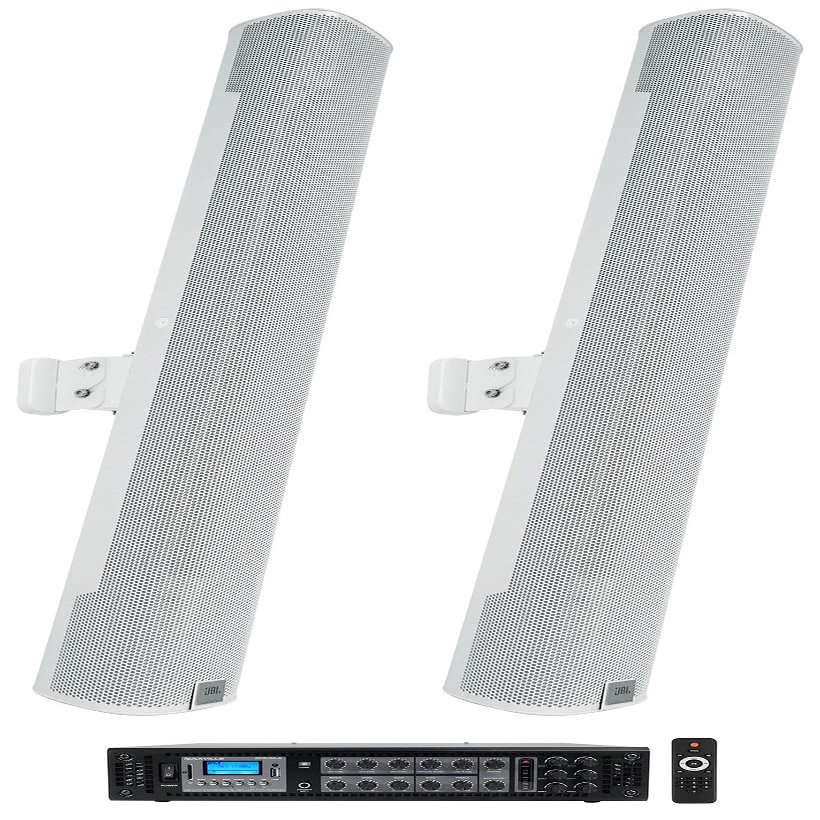 Rockville Amp Bundle with (2) JBL COL800-WH 32" White 70V Commercial Column Wall Mount Array Speakers (3 Items)