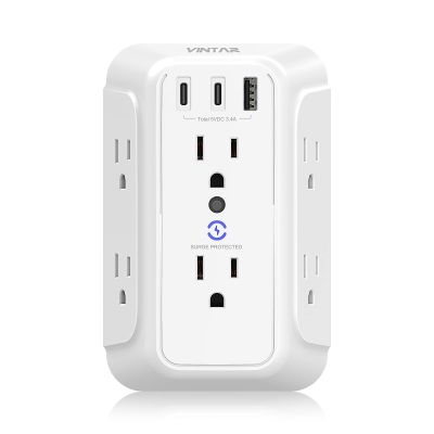 Surge Protector Outlet Extender, VINTAR 6 Outlet Splitter with 3 USB Charging Ports (2 USB C Ports), 900J Multi Plug Outlet Power Strip, 3-Sided USB Wall Charger for Home Office Dorm Room Essentials