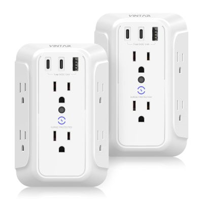 [2-Pack] Surge Protector Outlet Extender, VINTAR 6 Outlet Splitter with 3 USB Charging Ports (2 USB C),900J Multi Plug Outlet Power Strip, 3-Sided Usb Wall Charger for Home Office Dorm Room Essentials