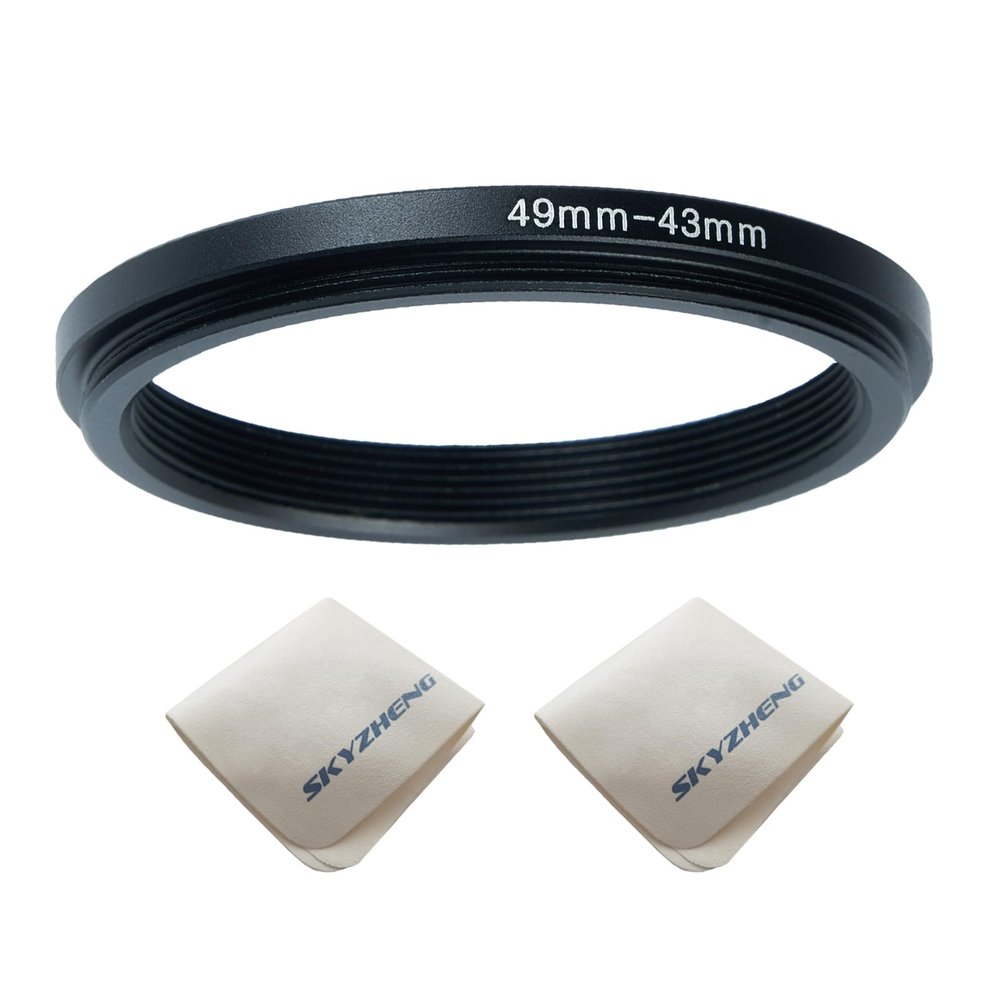 49mm Lens to 43mm Camera Lens Adapter 49mm to 43mm Step Down Ring Adapter Ring for All Brands of UV ND CPL, with Premium Lens Wiping Cloth 2 Pack(49mm-43mm)