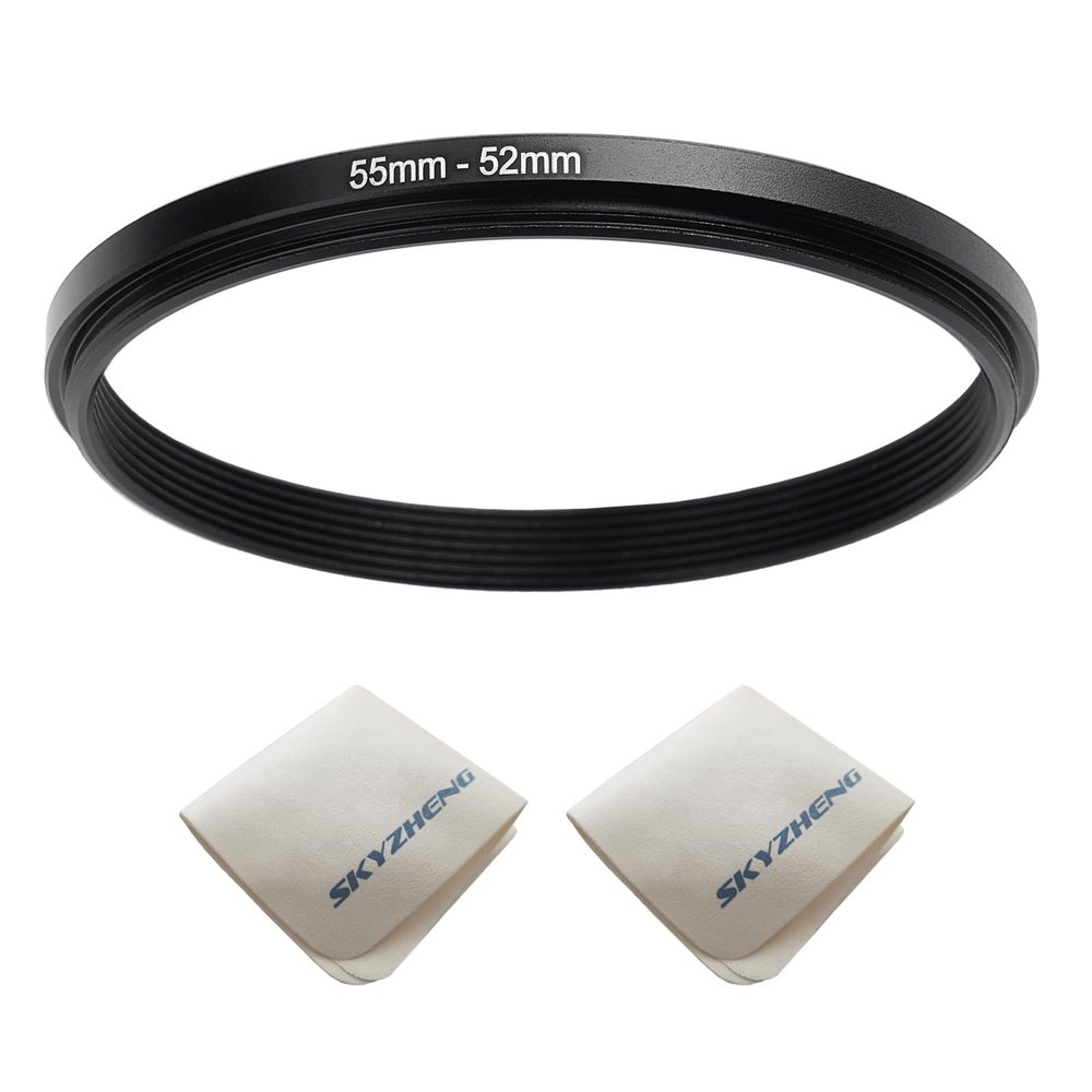 55mm Lens to 52mm Camera Lens Adapter 55mm to 52mm Step Down Ring Adapter Ring for All Brands of UV ND CPL, with Premium Lens Wiping Cloth 2 Pack (55mm-52mm)