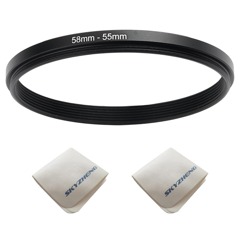 58mm Lens to 55mm Camera Lens Adapter 58mm to 55mm Step Down Ring Adapter Ring for All Brands of UV ND CPL, with Premium Lens Wiping Cloth 2 Pack (58mm-55mm)