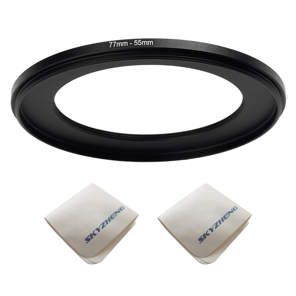 77mm Lens to 55mm Camera Lens Adapter 77mm to 55mm Step Down Ring Adapter Ring for All Brands of UV ND CPL, with Premium Lens Wiping Cloth 2 Pack (77mm-55mm)