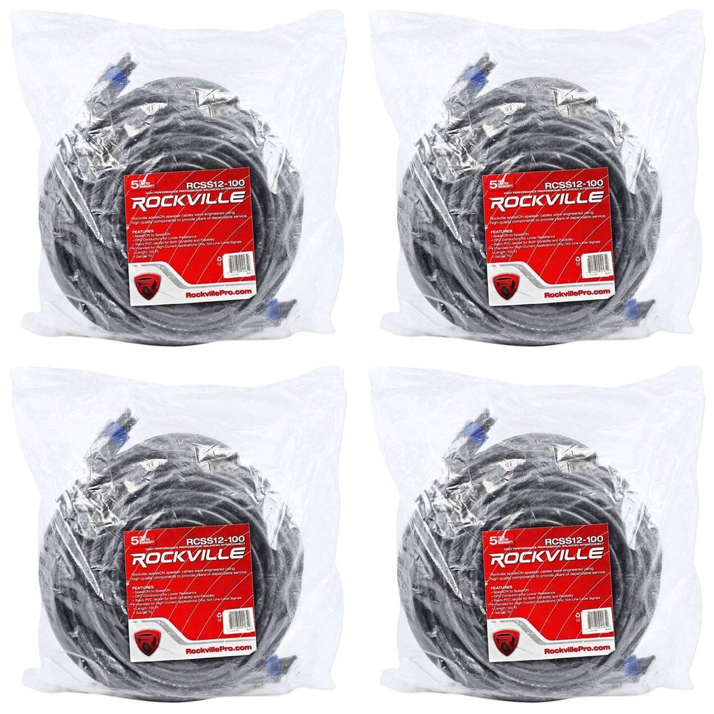 Rockville RCSS12100 100 ft 12 AWG Speakon to Speakon Speaker Cables, 100 Percent Copper, High Current Audio Connection, 4-Piece