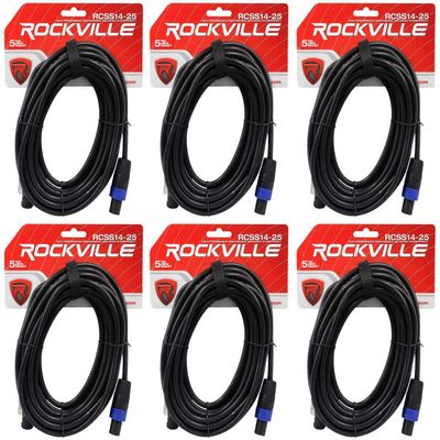 Rockville RCSS1425 25 ft Speakon to Speakon Pro Speaker Cable, 14 AWG 2-Conductor 100% OFC Copper, Black PVC Jacket, High-Current Audio Use, 6-Piece