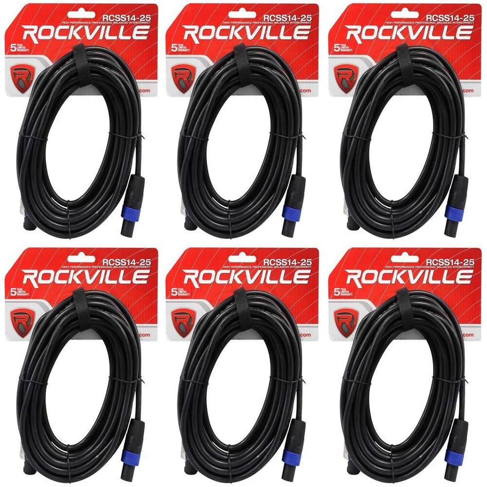Rockville RCSS1425 25 ft Speakon to Speakon Pro Speaker Cable, 14 AWG 2-Conductor 100% OFC Copper, Black PVC Jacket, High-Current Audio Use, 6-Piece