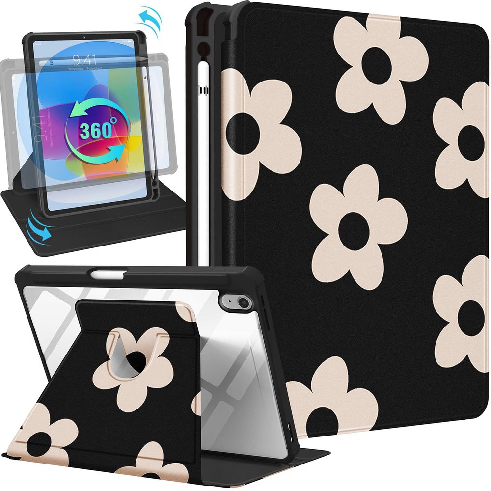 Uppuppy for iPad A16 Case - for iPad 10th Generation Case 10.9 Inch Women Kids Girls Cute Flower Girly Teens Pretty Black Floral Aesthetic Rotating Stand Folio Tablet Cover for Apple 10/11 2025