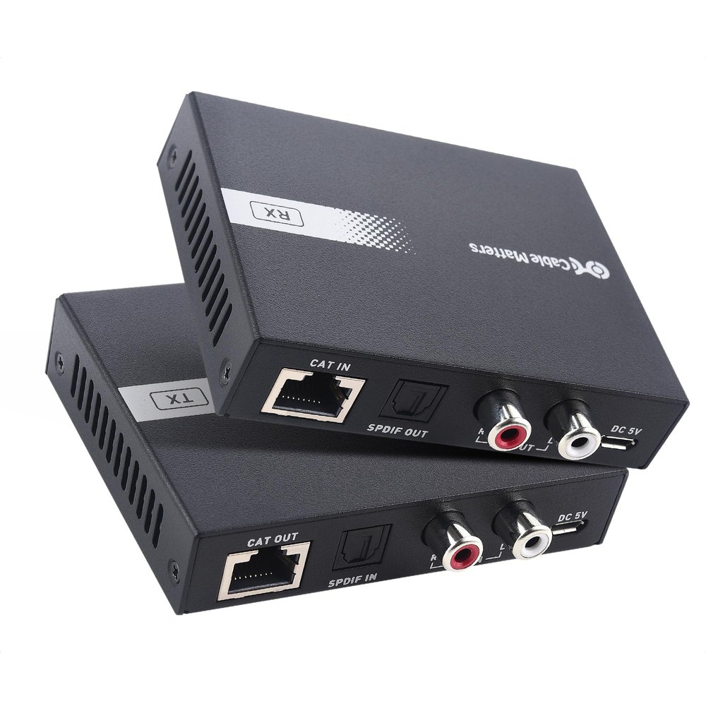 Cable Matters 990ft Extra Long Range Audio Over Ethernet Adapter Kit with Built-in Digital to Analog Converter(DAC), Support Optical Audio Toslink, L/R RCA (AudioExtender Over Cat5e/Cat6 Adapter)