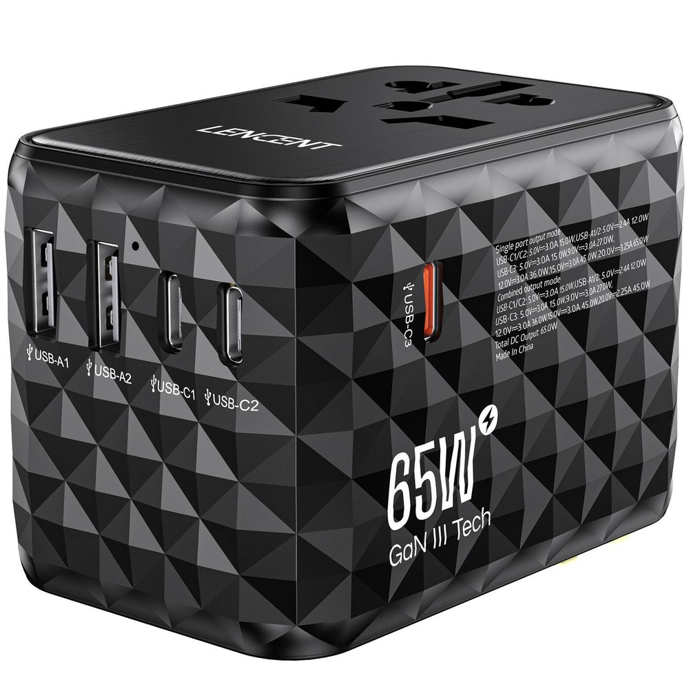 LENCENT 65W GaN International Travel Adapter with 2 USB-A & 3 Type C Ports