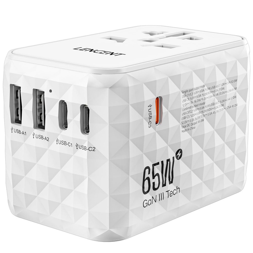 LENCENT 65W International Travel Adapter, Universal Travel Adapter with 2 QC USB-A & 3 PD3.0 Type C Power Outlet, Fast Charging for Phone,Laptops, All-in-One Outlet Converter for USA/UK/EU/AUS, White