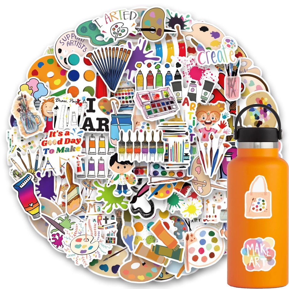 120pcs Art Painting Stickers - Paint Palette, Brushes, Pigment & Decals for Laptop, Water Bottles, Skateboard, Luggage, Computer, Toy, Phone - Gifts for Kids, Girls, Teens