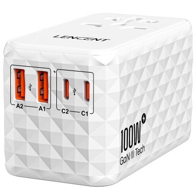 LENCENT 100W International Travel Adapter, Universal Travel Adapter with 2 QC USB-A & 2 PD3.0 Type C Power Adapter, Fast Charging for Phone,Laptops, All-in-One Outlet Adapter for USA/UK/EU/AUS, White