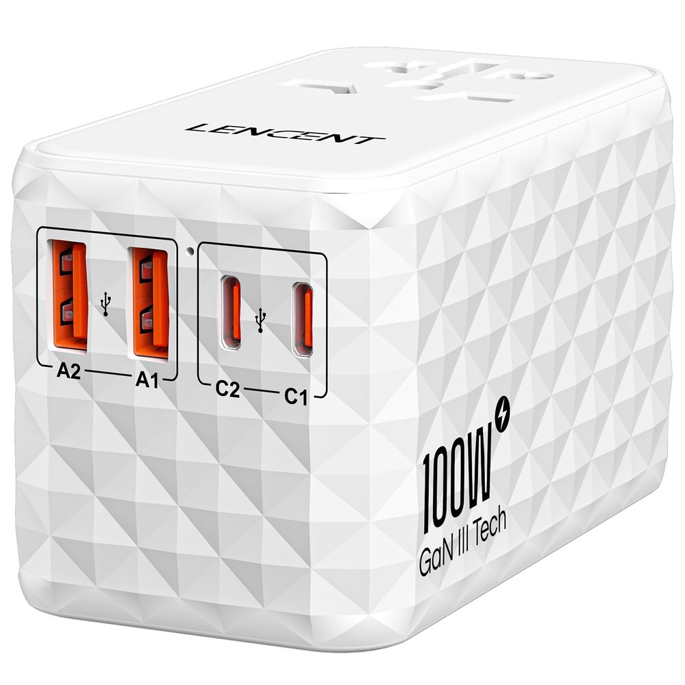 LENCENT 100W International Travel Adapter, Universal Travel Adapter with 2 QC USB-A & 2 PD3.0 Type C Power Adapter, Fast Charging for Phone,Laptops, All-in-One Outlet Adapter for USA/UK/EU/AUS, White