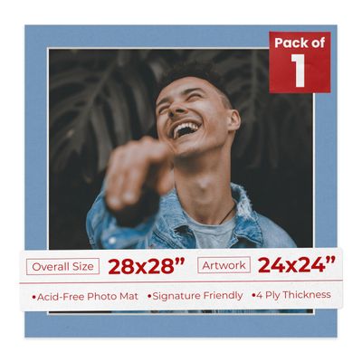 28x28 Mat Bevel Cut for 24x24 Photos - Precut Brittany Blue Square Shaped Photo Mat Board Opening - Acid Free Matte to Protect Your Pictures - Bevel Cut for Family Photos, Pack of 1 Matboard Show Kit
