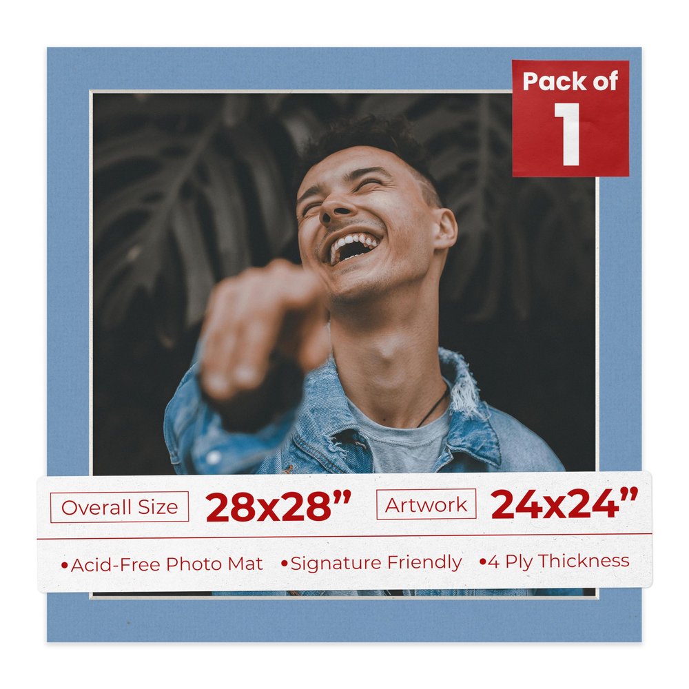 28x28 Mat Bevel Cut for 24x24 Photos - Precut Brittany Blue Square Shaped Photo Mat Board Opening - Acid Free Matte to Protect Your Pictures - Bevel Cut for Family Photos, Pack of 1 Matboard Show Kit
