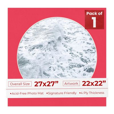 27x27 Mat Bevel Cut for 22x22 Photos - Precut Cardinal Red Circle Shaped Photo Mat Board Opening - Acid Free Matte to Protect Your Pictures - Bevel Cut for Family Photos, Pack of 1 Matboard Show Kit