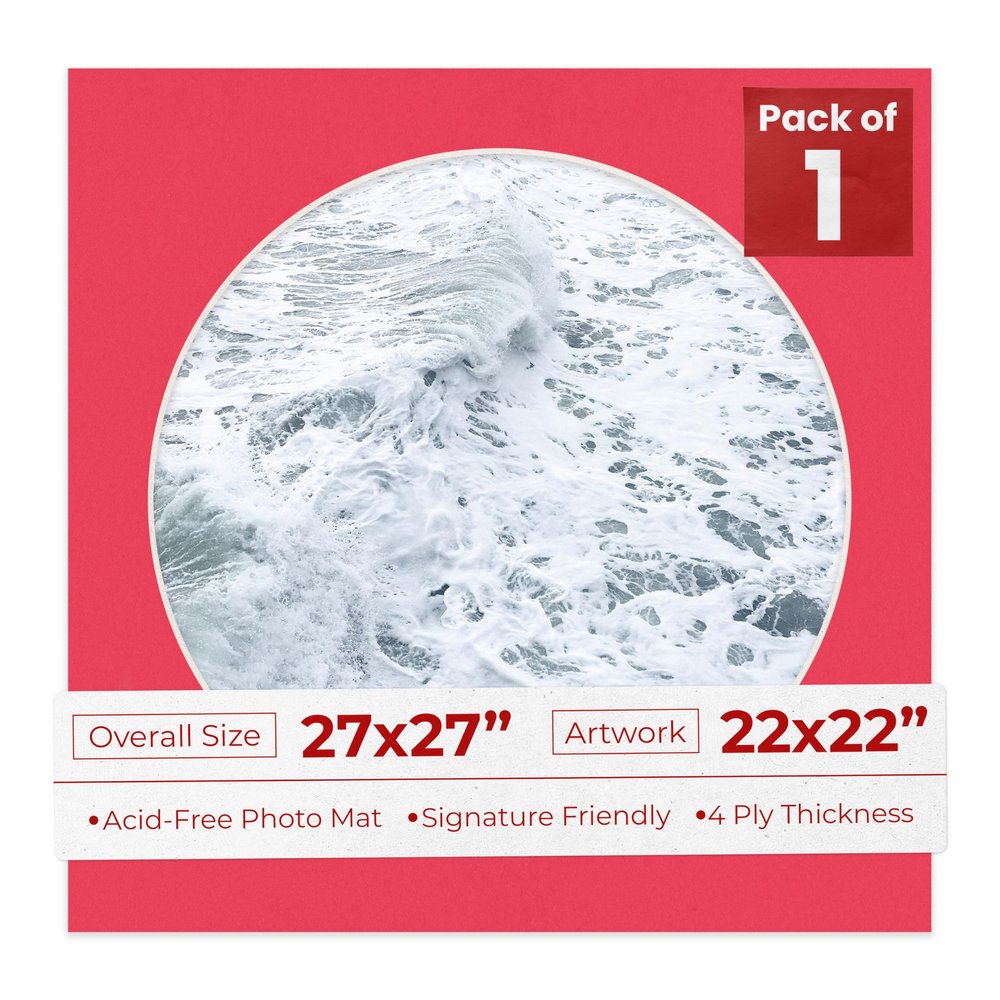 27x27 Mat Bevel Cut for 22x22 Photos - Precut Cardinal Red Circle Shaped Photo Mat Board Opening - Acid Free Matte to Protect Your Pictures - Bevel Cut for Family Photos, Pack of 1 Matboard Show Kit