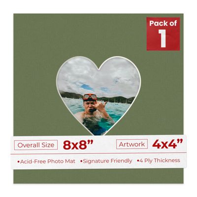 8x8 Mat Bevel Cut for 4x4 Photos - Precut Dill Green Heart Shaped Photo Mat Board Opening - Acid Free Matte to Protect Your Pictures - Bevel Cut for Family Photos, Pack of 1 Matboard Show Kit With