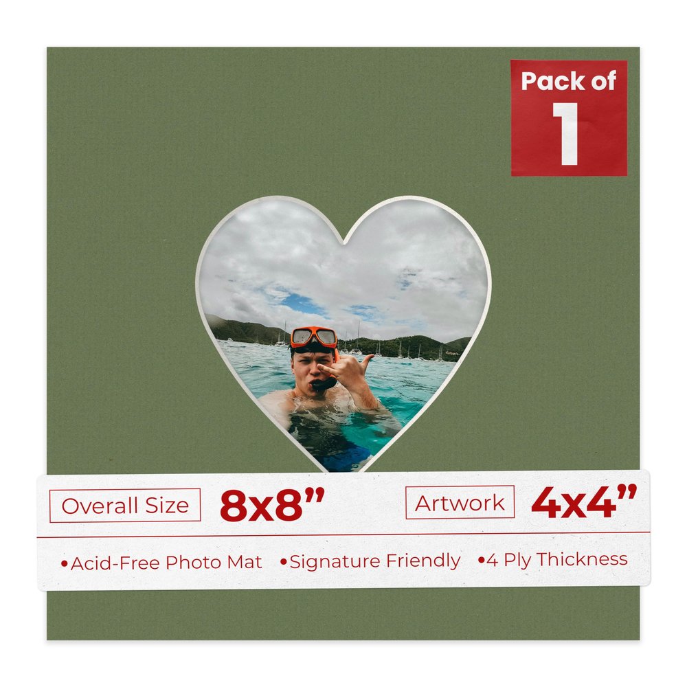 8x8 Mat Bevel Cut for 4x4 Photos - Precut Dill Green Heart Shaped Photo Mat Board Opening - Acid Free Matte to Protect Your Pictures - Bevel Cut for Family Photos, Pack of 1 Matboard Show Kit With