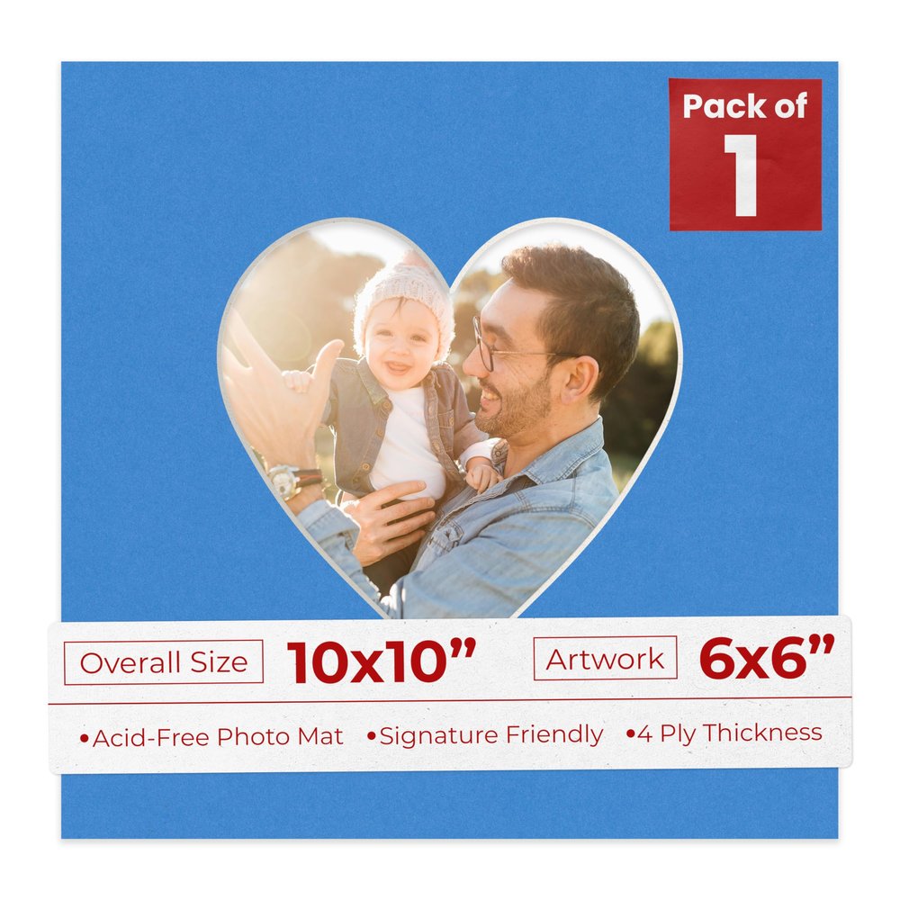 10x10 Mat Bevel Cut for 6x6 Photos - Precut Bay Blue Heart Shaped Photo Mat Board Opening - Acid Free Matte to Protect Your Pictures - Bevel Cut for Family Photos, Pack of 1 Matboard Show Kit With