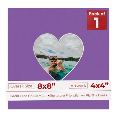 8x8 Mat Bevel Cut for 4x4 Photos - Precut Purple Heart Shaped Photo Mat Board Opening - Acid Free Matte to Protect Your Pictures - Bevel Cut for Family Photos, Pack of 1 Matboard Show Kit With Acid