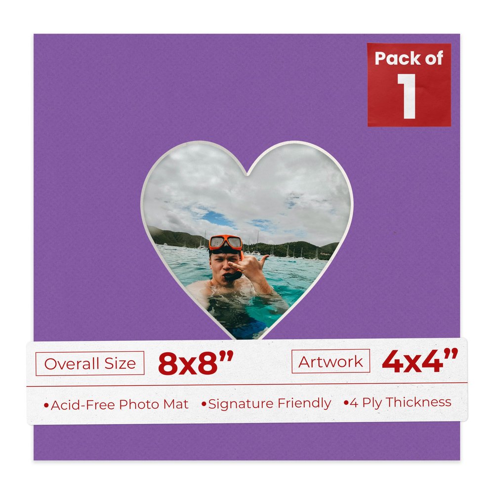 8x8 Mat Bevel Cut for 4x4 Photos - Precut Purple Heart Shaped Photo Mat Board Opening - Acid Free Matte to Protect Your Pictures - Bevel Cut for Family Photos, Pack of 1 Matboard Show Kit With Acid