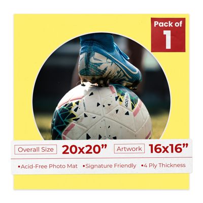 20x20 Mat Bevel Cut for 16x16 Photos - Precut Yellow Circle Shaped Photo Mat Board Opening - Acid Free Matte to Protect Your Pictures - Bevel Cut for Family Photos, Pack of 1 Matboard Show Kit With