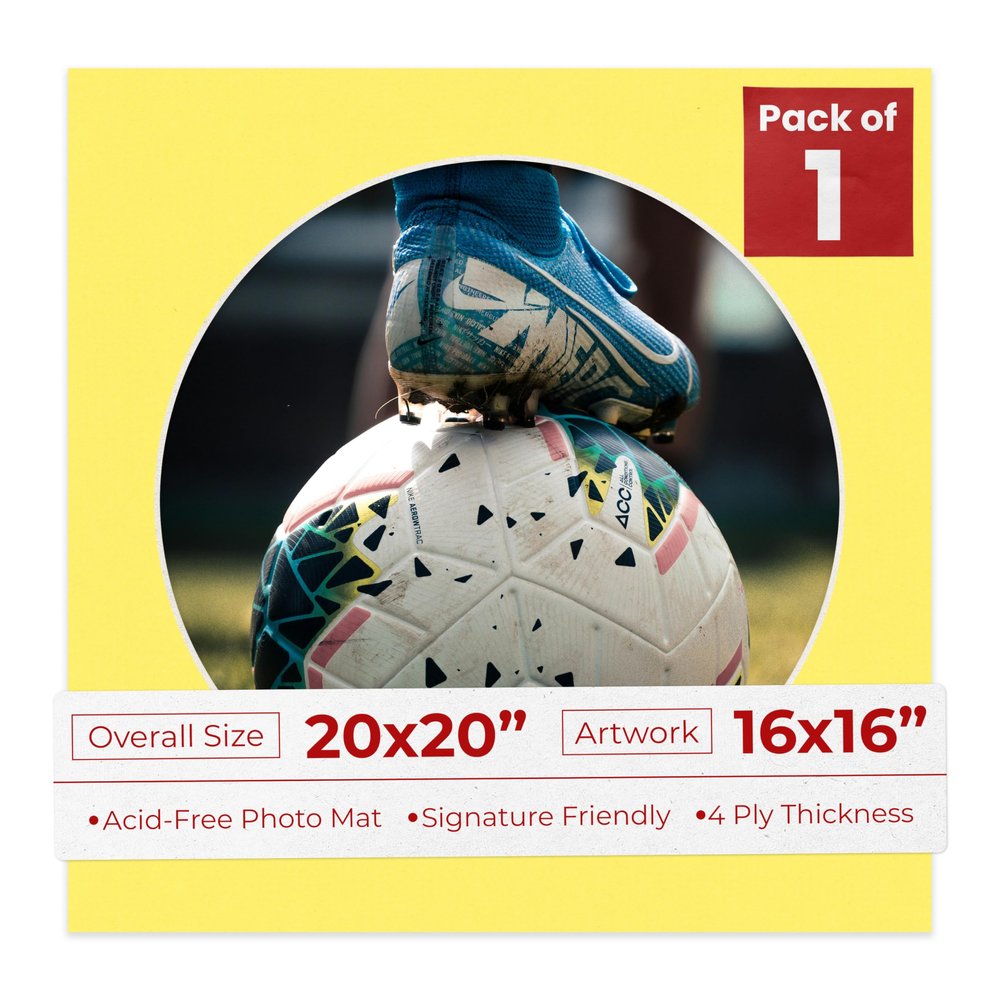 20x20 Mat Bevel Cut for 16x16 Photos - Precut Yellow Circle Shaped Photo Mat Board Opening - Acid Free Matte to Protect Your Pictures - Bevel Cut for Family Photos, Pack of 1 Matboard Show Kit With