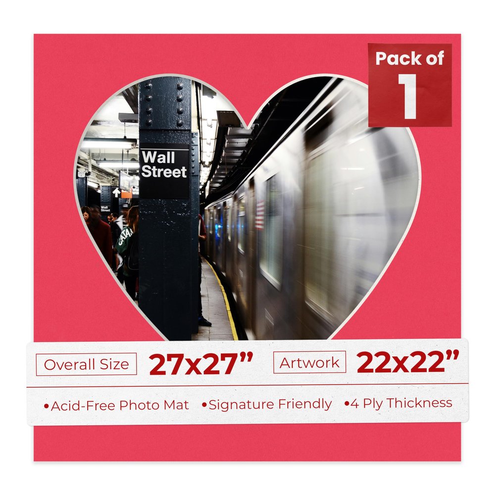 27x27 Mat Bevel Cut for 22x22 Photos - Precut Cardinal Red Heart Shaped Photo Mat Board Opening - Acid Free Matte to Protect Your Pictures - Bevel Cut for Family Photos, Pack of 1 Matboard Show Kit