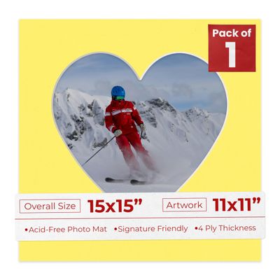 15x15 Mat Bevel Cut for 11x11 Photos - Precut Yellow Heart Shaped Photo Mat Board Opening - Acid Free Matte to Protect Your Pictures - Bevel Cut for Family Photos, Pack of 1 Matboard Show Kit With