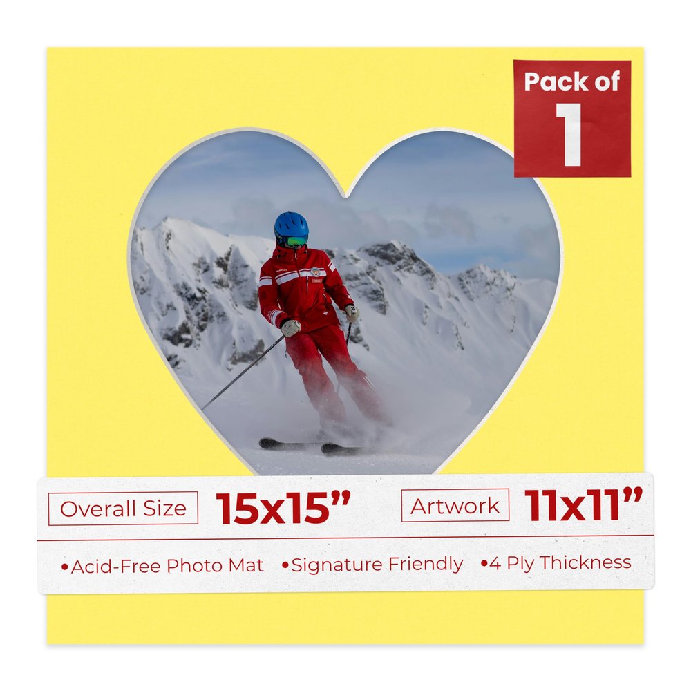 15x15 Mat Bevel Cut for 11x11 Photos - Precut Yellow Heart Shaped Photo Mat Board Opening - Acid Free Matte to Protect Your Pictures - Bevel Cut for Family Photos, Pack of 1 Matboard Show Kit With