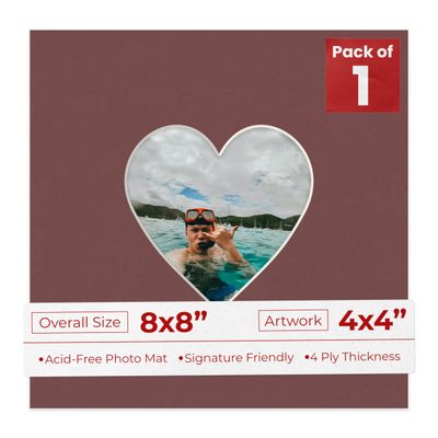 8x8 Mat Bevel Cut for 4x4 Photos - Precut Maroon Heart Shaped Photo Mat Board Opening - Acid Free Matte to Protect Your Pictures - Bevel Cut for Family Photos, Pack of 1 Matboard Show Kit With Acid