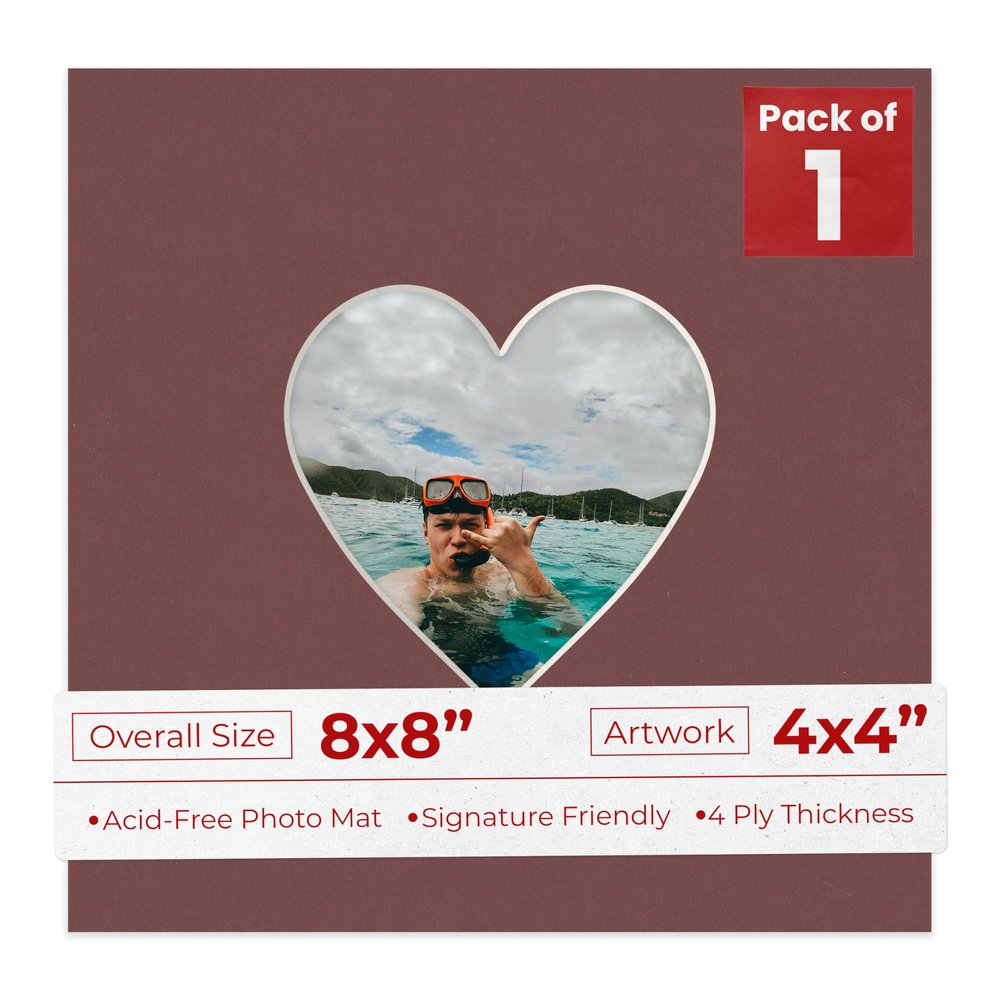 8x8 Mat Bevel Cut for 4x4 Photos - Precut Maroon Heart Shaped Photo Mat Board Opening - Acid Free Matte to Protect Your Pictures - Bevel Cut for Family Photos, Pack of 1 Matboard Show Kit With Acid