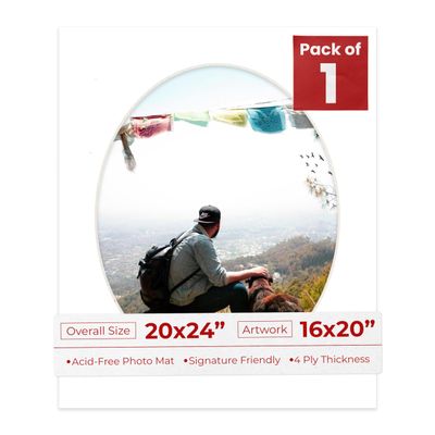 20x24 Mat Bevel Cut for 16x20 Photos - Precut White Oval Shaped Photo Mat Board Opening - Acid Free Matte to Protect Your Pictures - Bevel Cut for Family Photos, Pack of 1 Matboard Show Kit With Acid