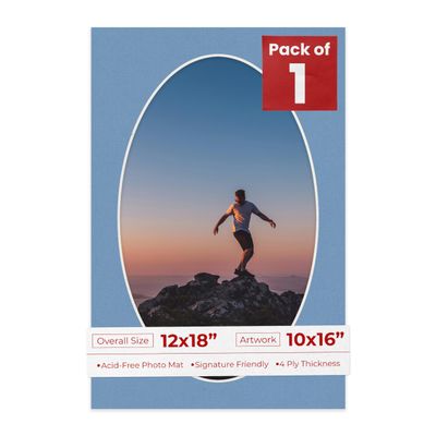 12x18 Mat Bevel Cut for 10x16 Photos - Precut Brittany Blue Oval Shaped Photo Mat Board Opening - Acid Free Matte to Protect Your Pictures - Bevel Cut for Family Photos, Pack of 1 Matboard Show Kit