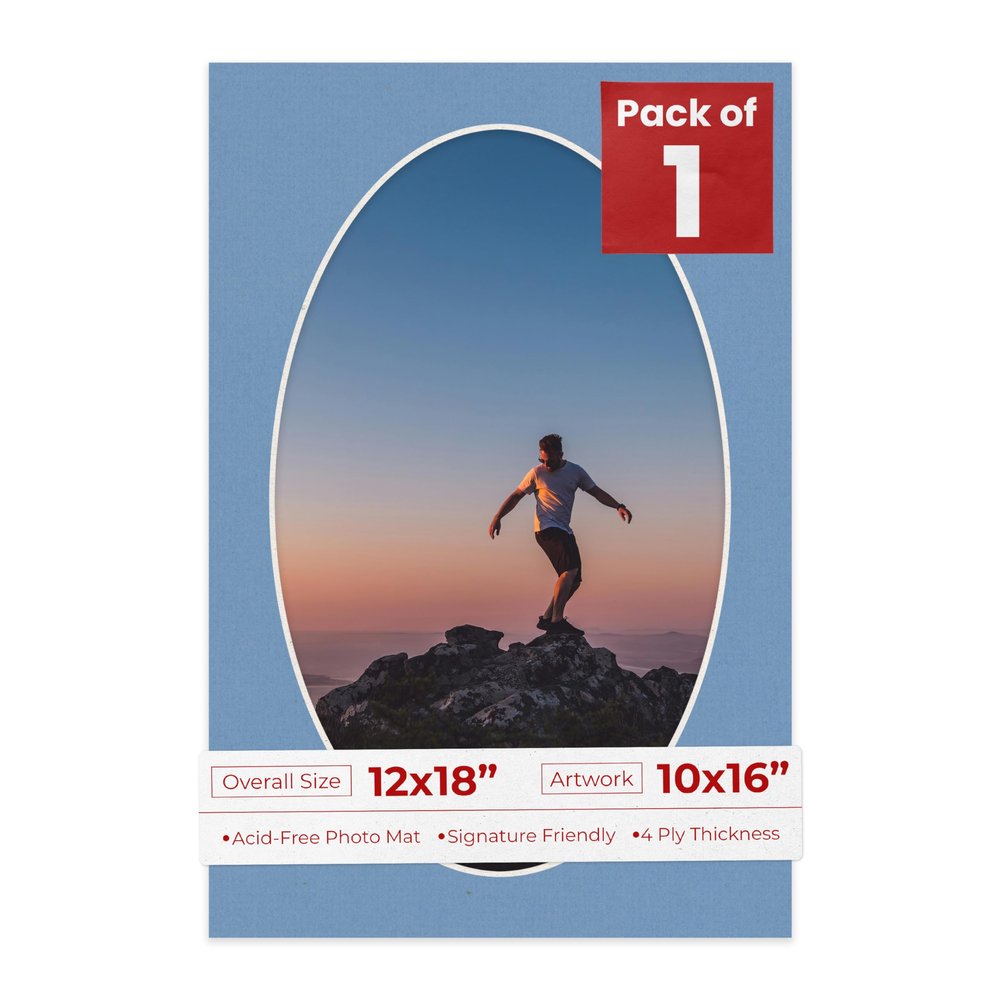 12x18 Mat Bevel Cut for 10x16 Photos - Precut Brittany Blue Oval Shaped Photo Mat Board Opening - Acid Free Matte to Protect Your Pictures - Bevel Cut for Family Photos, Pack of 1 Matboard Show Kit