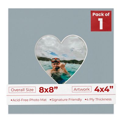 8x8 Mat Bevel Cut for 4x4 Photos - Precut Metallic Silver Heart Shaped Photo Mat Board Opening - Acid Free Matte to Protect Your Pictures - Bevel Cut for Family Photos, Pack of 1 Matboard Show Kit