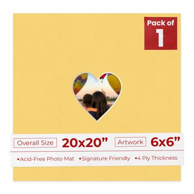 20x20 Mat Bevel Cut for 6x6 Photos - Precut Chamois Yellow Heart Shaped Photo Mat Board Opening - Acid Free Matte to Protect Your Pictures - Bevel Cut for Family Photos, Pack of 1 Matboard Show Kit