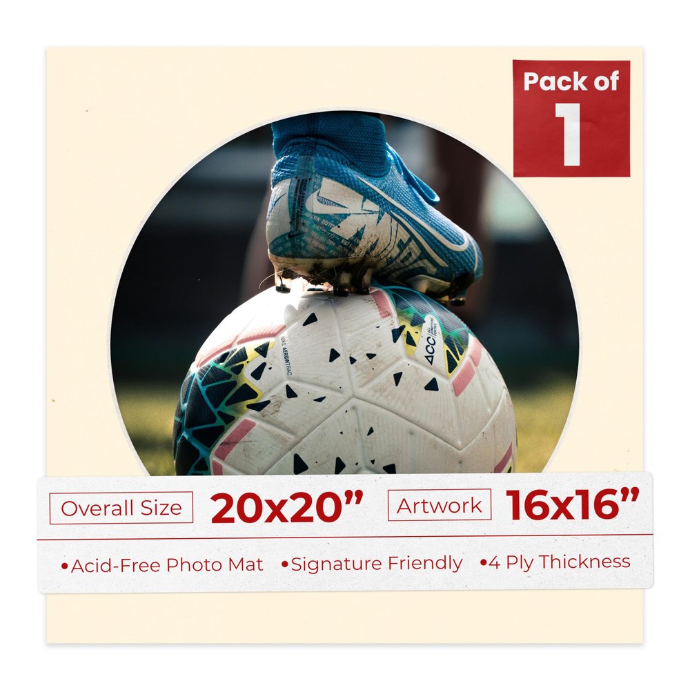 20x20 Mat Bevel Cut for 16x16 Photos - Precut Cream Circle Shaped Photo Mat Board Opening - Acid Free Matte to Protect Your Pictures - Bevel Cut for Family Photos, Pack of 1 Matboard Show Kit With