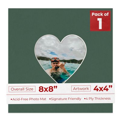 8x8 Mat Bevel Cut for 4x4 Photos - Precut Hunter Green Heart Shaped Photo Mat Board Opening - Acid Free Matte to Protect Your Pictures - Bevel Cut for Family Photos, Pack of 1 Matboard Show Kit With