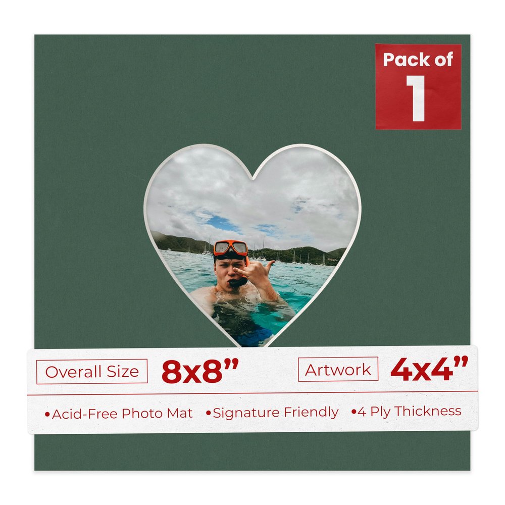8x8 Mat Bevel Cut for 4x4 Photos - Precut Hunter Green Heart Shaped Photo Mat Board Opening - Acid Free Matte to Protect Your Pictures - Bevel Cut for Family Photos, Pack of 1 Matboard Show Kit With
