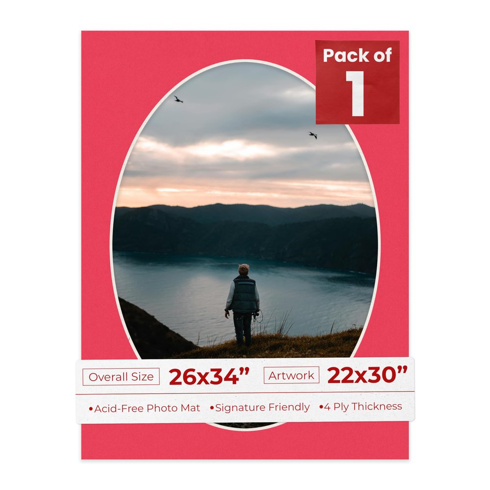 26x34 Mat Bevel Cut for 22x30 Photos - Precut Cardinal Red Oval Shaped Photo Mat Board Opening - Acid Free Matte to Protect Your Pictures - Bevel Cut for Family Photos, Pack of 1 Matboard Show Kit