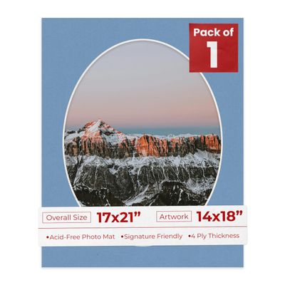 17x21 Mat Bevel Cut for 14x18 Photos - Precut Brittany Blue Oval Shaped Photo Mat Board Opening - Acid Free Matte to Protect Your Pictures - Bevel Cut for Family Photos, Pack of 1 Matboard Show Kit