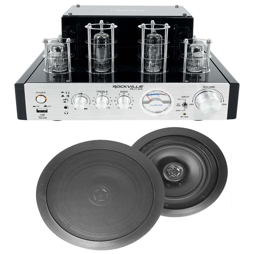 Rockville HC655 Bundle: (2) 6.5 in Ceiling Home Theater Speakers, BluTube 70-Watt Tube Amplifier Stereo Receiver, Bluetooth, USB, for TV Rooms or Offices, 2-Items