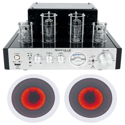 Rockville BluTube Bundle: 70W Tube Amplifier/Home Theater Receiver w/Bluetooth, (2) HC65-LED 6.5 in 500W Peak / 160W RMS Pair in-Ceiling Speakers, 8 Ohm, 60Hz-20kHz, 3-Items