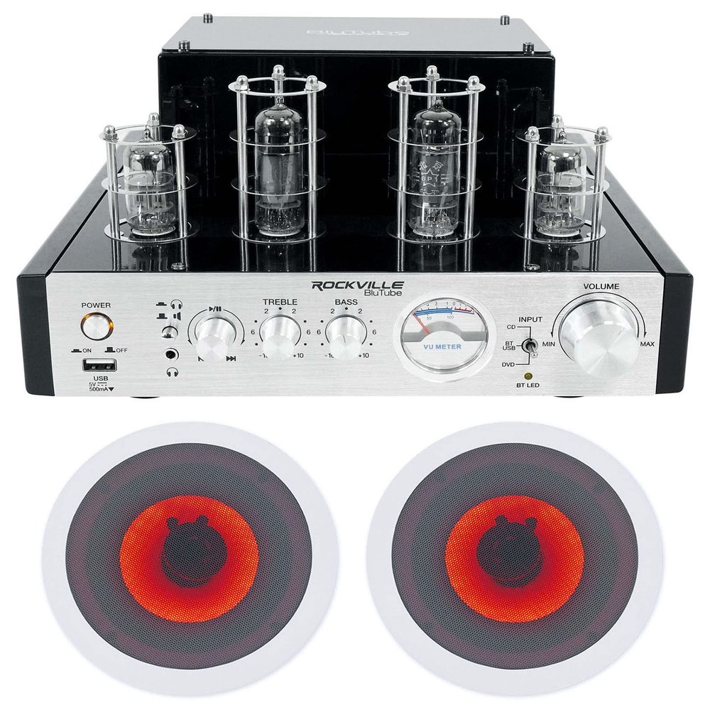 Rockville BluTube Bundle: 70W Tube Amplifier/Home Theater Receiver w/Bluetooth, (2) HC65-LED 6.5 in 500W Peak / 160W RMS Pair in-Ceiling Speakers, 8 Ohm, 60Hz-20kHz, 3-Items