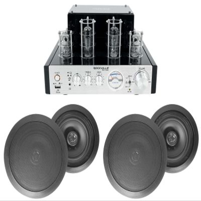 Rockville BluTube Bundle: 70W Tube Bluetooth Amplifier/Home Stereo Receiver, (4) 6.5 in 500W Black in-Ceiling Speakers w/Polypropylene Cones, Rubber Surrounds & Paintable Flush Grilles, 5-Items