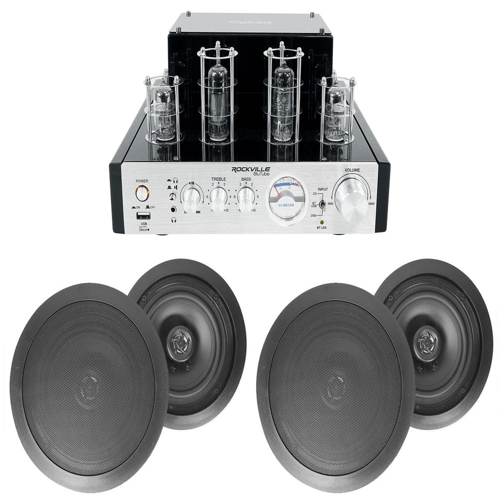 Rockville BluTube Bundle: 70W Tube Bluetooth Amplifier/Home Stereo Receiver, (4) 6.5 in 500W Black in-Ceiling Speakers w/Polypropylene Cones, Rubber Surrounds & Paintable Flush Grilles, 5-Items