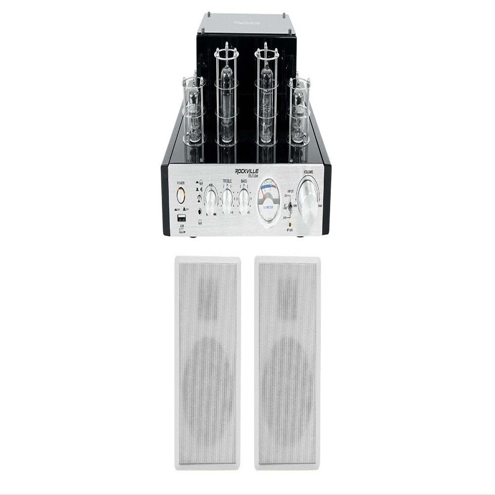 Rockville RockSlim Bundle: (4) White 5.25 in 240W Wall Mount Slim Home Theater Speakers, BluTube 70W Tube Amplifier Bluetooth Stereo Receiver for Home Audio, 5-Items