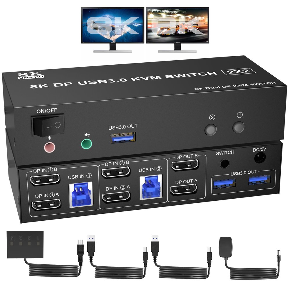 8K USB 3.0 Displayport KVM Switch 2 Monitors 2 Computers 8K@60Hz 4K@144Hz, Dual Monitor Displayport 1.4 KVM Switches with Audio Microphone Output and 3 USB 3.0 Ports, DP Switch for 2 PCs 2 Monitors